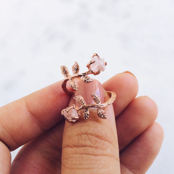Raw Ruby Twisted Leaves Ring in Rose Gold - Crystal Of A Kind