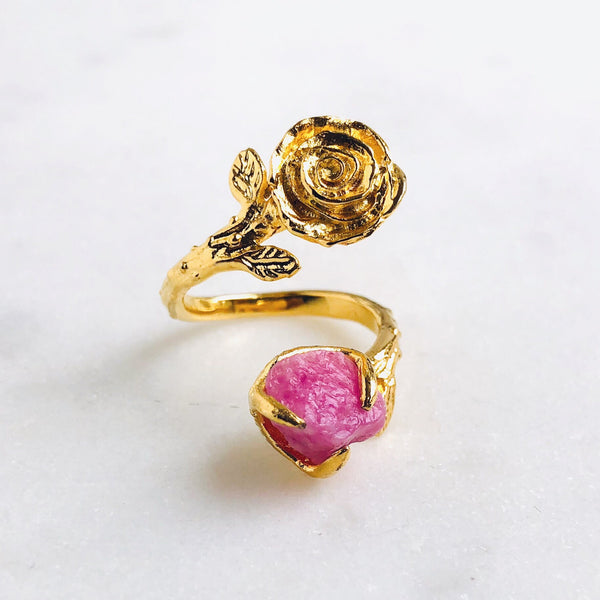 Raw Ruby Twisted Rose Ring in Gold - Crystal Of A Kind